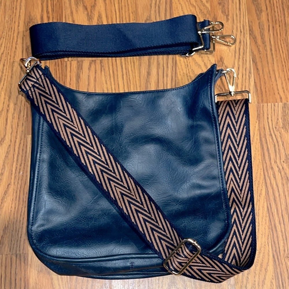 Ah dorned navy blue Leather crossbody messenger Bag NWOT